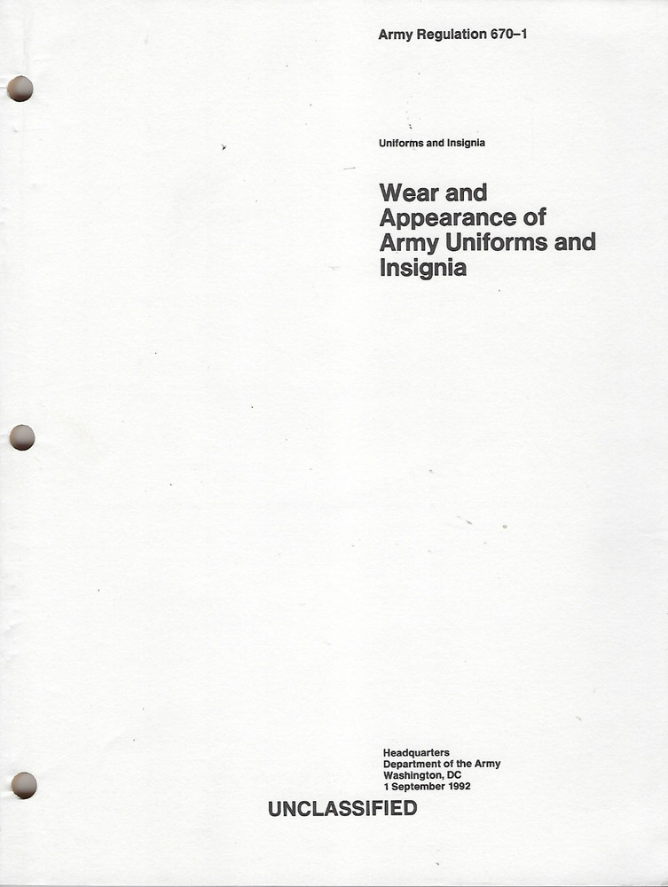 Historical book AR 670-1, Wear, Appearance of Army Uniforms and Insignia, 1992